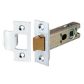 Spira Brass Heavy-Duty Double-Sprung Tubular Latch in satin brass finish, measuring 76mm, featuring a cylindrical body with a solid brass bolt and strike plate.