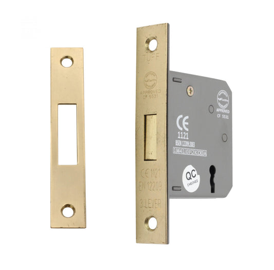 Spira Brass CE 3 Lever Dead Lock in brass finish, available in 2.5" and 3" sizes, featuring a square front plate and a locking mechanism with a keyhole.