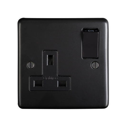 Eurolite Stainless Steel 1 Gang Socket in Matt Black, featuring a standard socket opening and a toggle switch on the side, with a smooth matte finish.