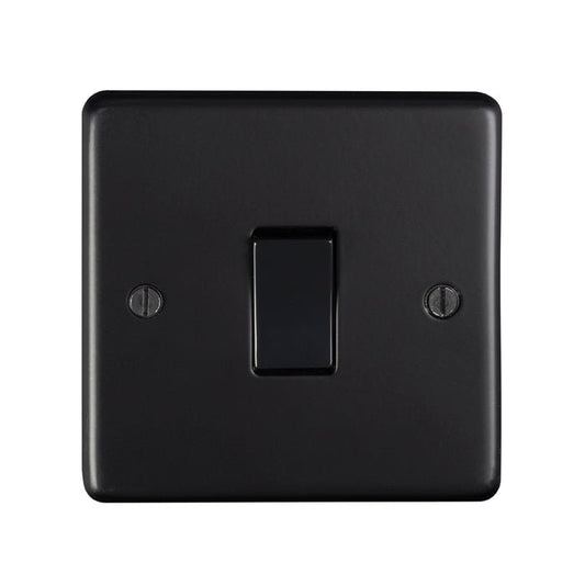 Eurolite Stainless Steel 20Amp Switch in black nickel, featuring a sleek, square design with a toggle switch and two mounting screws.
