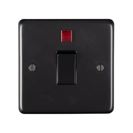 Eurolite Stainless Steel 20Amp Switch in Matt Black features a rectangular design with a central toggle switch and a neon indicator light above it. The surface is smooth, and the switch is mounted with two visible screws.