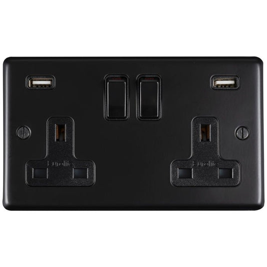 Eurolite Stainless Steel 2 Gang USB Socket in matt black, featuring two USB ports and two standard electrical outlets, designed for easy access and charging in residential or commercial settings.
