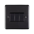 Eurolite Stainless Steel 3 Gang Switch in Matt Black featuring three switches and a square faceplate design, suitable for wall installation.