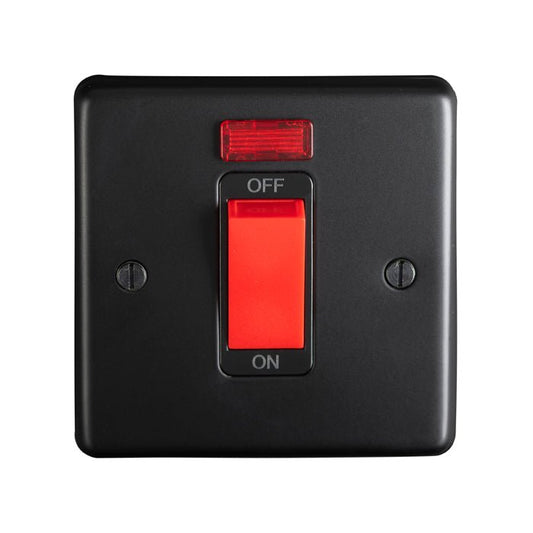 Eurolite Stainless Steel 45Amp Switch with Neon Indicator in matt black, featuring a red toggle switch and an illuminated indicator for on/off status. The switch is square in shape and designed for standard installation.