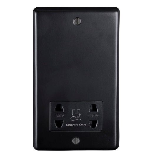 Eurolite Stainless Steel Shaver Socket in matt black, featuring a dual shaver outlet with labeled voltage options, mounted on a rectangular backplate.