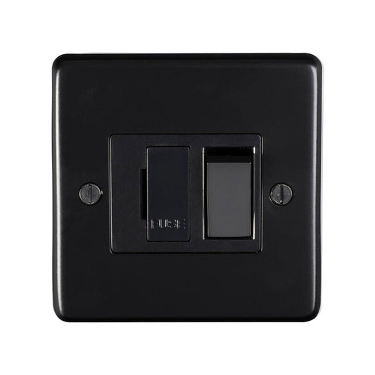 Eurolite Stainless Steel Switched Fuse Spur in matt black finish, featuring a switch and a fuse indicator on a square faceplate, designed for electrical installations.