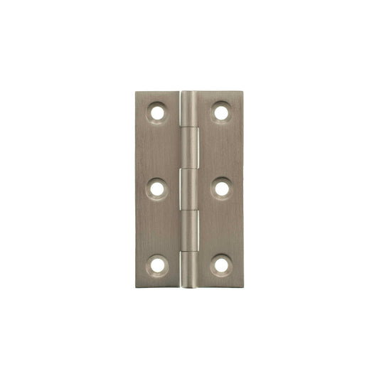 Atlantic Millhouse Brass Cabinet Butt Hinges measuring 64mm x 35mm x 2mm, featuring a brushed brass finish with six mounting holes for installation.