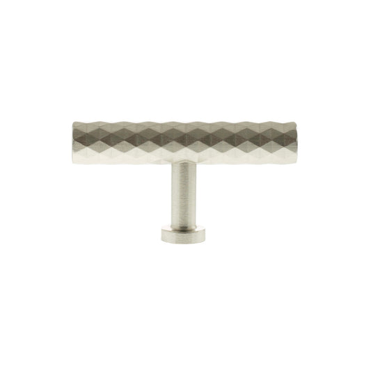 Atlantic Millhouse Brass Chrysler Diamond T-Bar Cabinet Knob Handle features a textured diamond pattern on the handle's surface, made of brass with a sleek, polished finish.