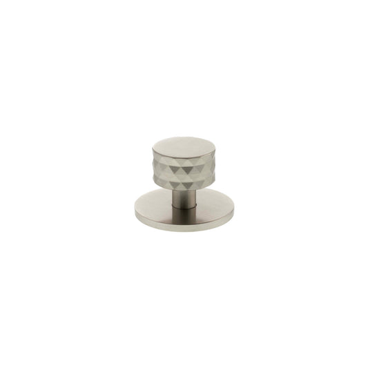 Atlantic Millhouse Brass Chrysler Diamond Round Cabinet Knob Handle on Backplate features a textured round knob with a diamond pattern, finished in brass, mounted on a circular backplate for secure attachment.