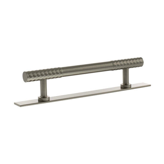 Atlantic Millhouse Brass Chrysler Diamond T-Bar Cabinet Pull Handle on Backplate, measuring 128mm, features a textured handle design in a metallic brass finish, mounted on a flat rectangular backplate.