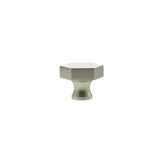 Atlantic Millhouse Brass Pennington Hexagonal Cabinet Knob Handle with a brushed brass finish, featuring a hexagonal shape and a tapered base for easy gripping.
