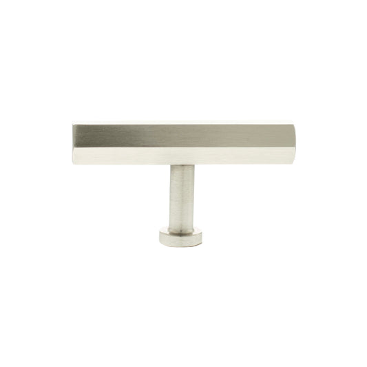 Atlantic Millhouse Brass Pennington Hexagonal T-Bar Cabinet Knob Handle in a brushed nickel finish, featuring a flat horizontal bar design and a sturdy hexagonal base for mounting.