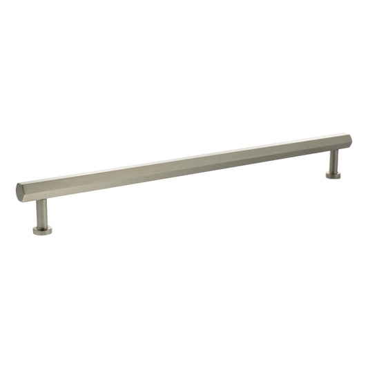 Atlantic Millhouse Brass Pennington Hexagonal T-Bar Cabinet Pull Handle, 320mm in a brushed brass finish, featuring a sleek hexagonal design and mounted on two cylindrical bases.