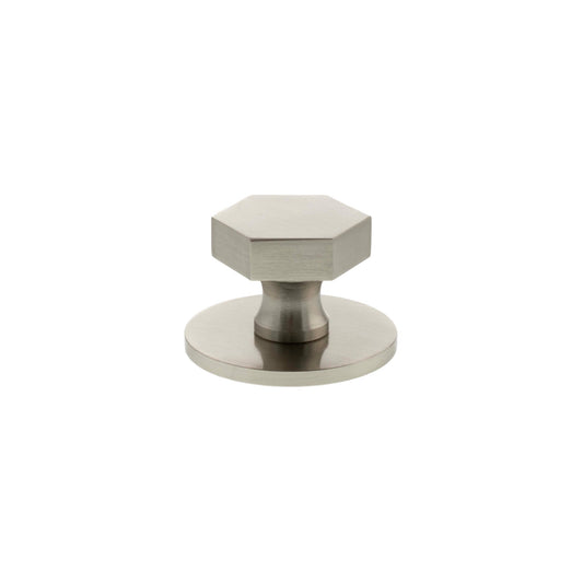Atlantic Millhouse Brass Pennington Hexagonal Cabinet Knob Handle on Backplate in brushed brass finish, featuring a hexagonal knob design atop a round backplate.
