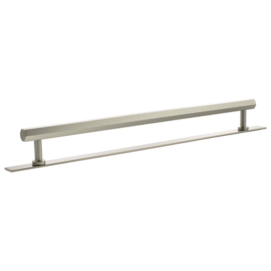 Atlantic Millhouse Brass Pennington Hexagonal T-Bar Cabinet Pull Handle on Backplate, measuring 320mm, features a sleek, modern design in a brushed nickel finish with a hexagonal shape for easy grip.