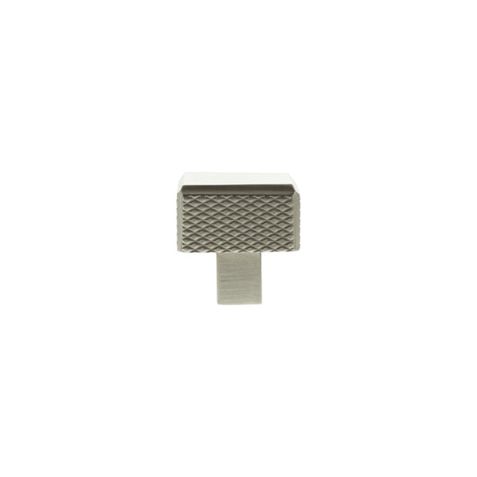 Atlantic Millhouse Brass Eiffel Knurled Square Cabinet Knob Handle in brushed brass finish with a textured knurled surface, designed for cabinets and drawers.