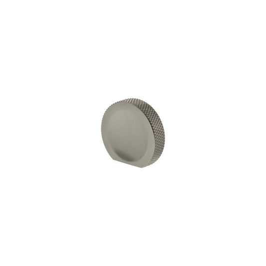 Atlantic Millhouse Brass Eiffel Knurled Finger Pull Cabinet Knob Handle in a brushed brass finish, featuring a round shape with a knurled texture around the edge for better grip.