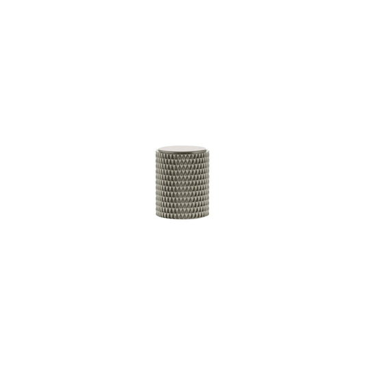 Atlantic Millhouse Brass Eiffel Knurled Cylinder Cabinet Knob Handle in brass finish with a textured, knurled design and a cylindrical shape.