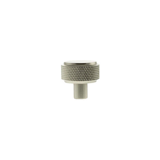 Atlantic Millhouse Brass Eiffel Knurled Round Cabinet Knob Handle in brushed brass finish, featuring a knurled texture for grip and a smooth top, designed for cabinetry.