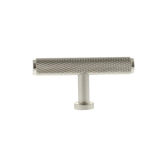 Atlantic Millhouse Brass Eiffel Knurled T-Bar Cabinet Knob Handle in a brushed brass finish, featuring a textured knurled grip for improved handling.