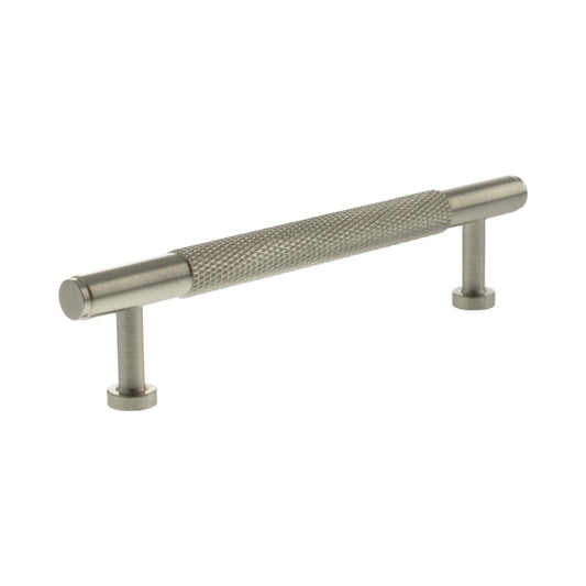 Atlantic Millhouse Brass Eiffel Knurled T-Bar Cabinet Pull Handle, measuring 128mm, features a brushed brass finish with a knurled grip for enhanced handling, designed with two sturdy mounting bases.