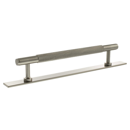 Atlantic Millhouse Brass Eiffel Knurled T-Bar Cabinet Pull Handle on Backplate, measuring 160mm, featuring a textured knurled grip and a sleek backplate, designed for cabinet applications.