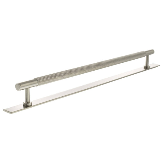 Atlantic Millhouse Brass Eiffel Knurled T-Bar Cabinet Pull Handle on Backplate measuring 320mm, featuring a knurled finish for grip, mounted on a rectangular backplate in a brushed brass tone.