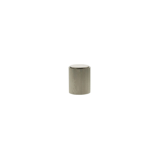 Atlantic Millhouse Brass Battersea Linear Cylinder Cabinet Knob Handle in a textured brass finish, featuring vertical grooves and a smooth top surface for a contemporary look.
