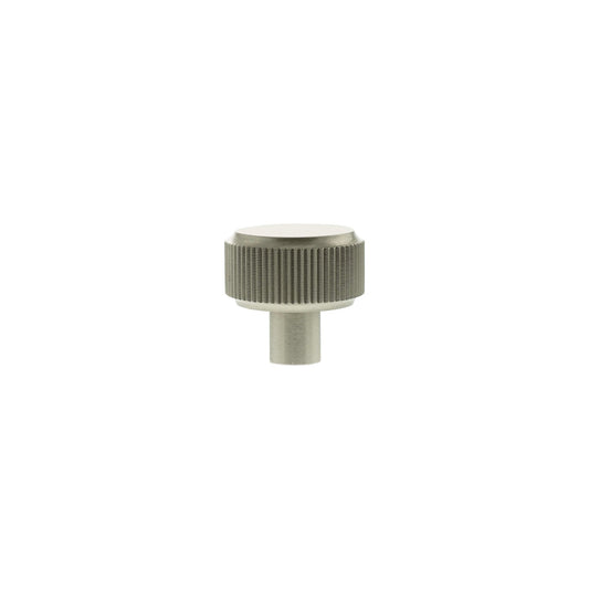 Atlantic Millhouse Brass Battersea Linear Round Cabinet Knob Handle with a brushed brass finish and ribbed texture, featuring a circular top and a straight post for attachment.