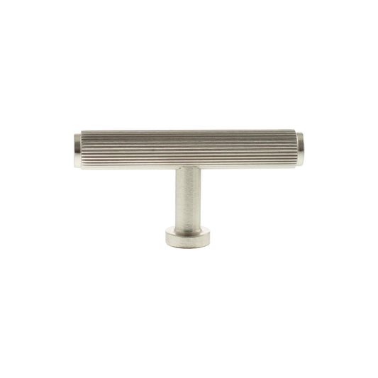 Atlantic Millhouse Brass Battersea Linear T-Bar Cabinet Knob Handle with a brushed brass finish, featuring a textured surface for grip and a T-bar design.
