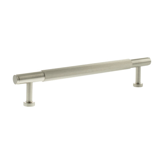 Atlantic Millhouse Brass Battersea Linear T-Bar Cabinet Pull Handle measuring 160mm, featuring a sleek, rounded design with ribbed detailing and durable brass material in a satin finish.