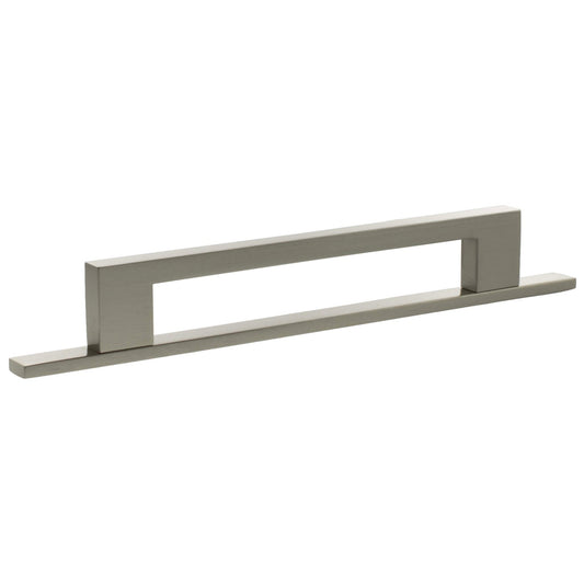Atlantic Millhouse Brass Empire Slim Cabinet Pull Handle on Backplate, measuring 160mm, features a sleek, rectangular design with a brushed brass finish, suitable for modern cabinetry.