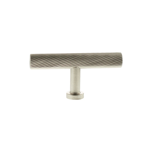 Atlantic Millhouse Brass Paddington Spiral T-Bar Cabinet Knob Handle in a brushed brass finish, featuring a textured spiral design on the horizontal bar and a cylindrical base for easy attachment to cabinets.
