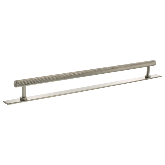 Atlantic Millhouse Brass Paddington Spiral T-Bar Cabinet Pull Handle on Backplate measuring 320mm, featuring a sleek design with a ribbed texture, made of brass in a brushed finish.