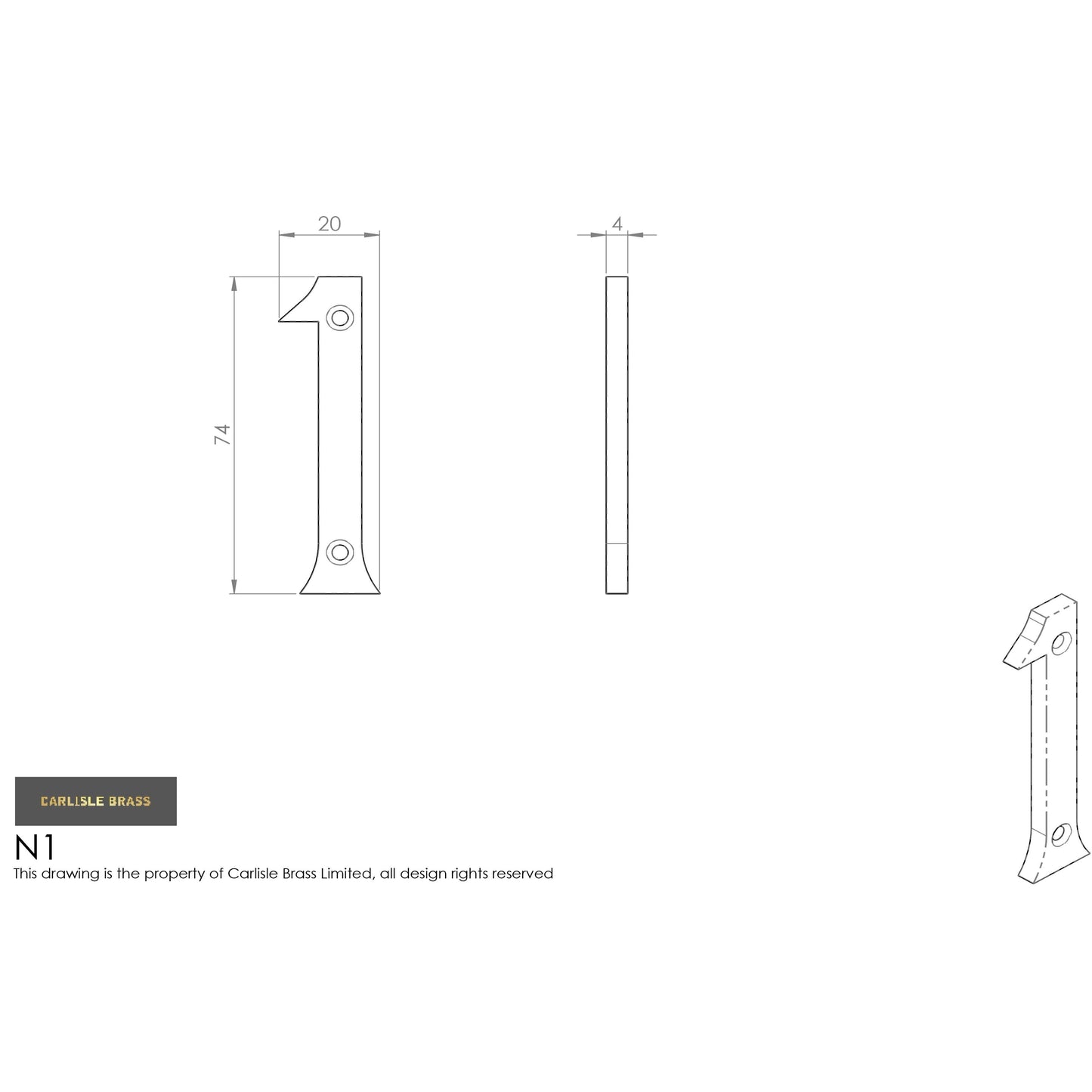 Carlisle Brass Numeral Face Fix (No.1) measuring 76mm in length, featuring a straight design with a small cutout and mounting holes. This product is shown in a simple schematic outline.