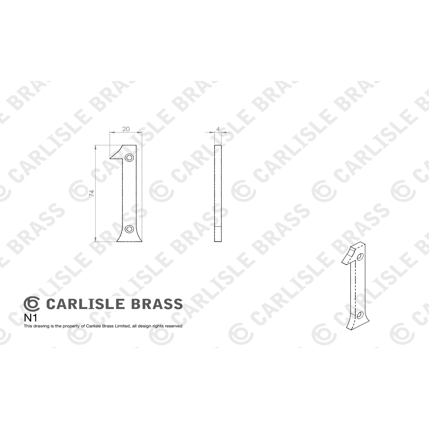 Carlisle Brass Numeral Face Fix (No.1) 76Mm in silver finish, featuring a rectangular shape with rounded edges and two mounting holes.