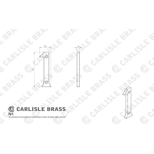 Carlisle Brass Numeral Face Fix (No.1) 76Mm in silver finish, featuring a rectangular shape with rounded edges and two mounting holes.