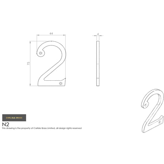 Carlisle Brass Numeral Face Fix (No.2) 76Mm in a sleek design, featuring a stylized number '2' with a height of 75mm and width of 44mm, made from durable materials for exterior or interior use.