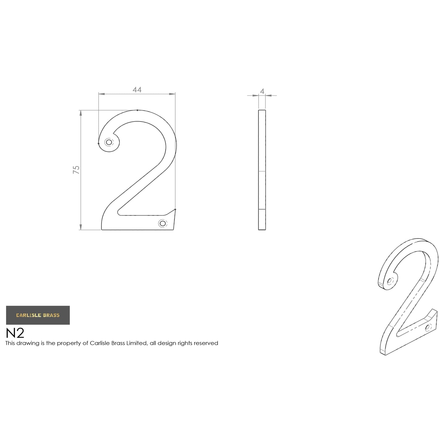 Carlisle Brass Numeral Face Fix (No.2) 76Mm in a sleek design, featuring a stylized number '2' with a height of 75mm and width of 44mm, made from durable materials for exterior or interior use.