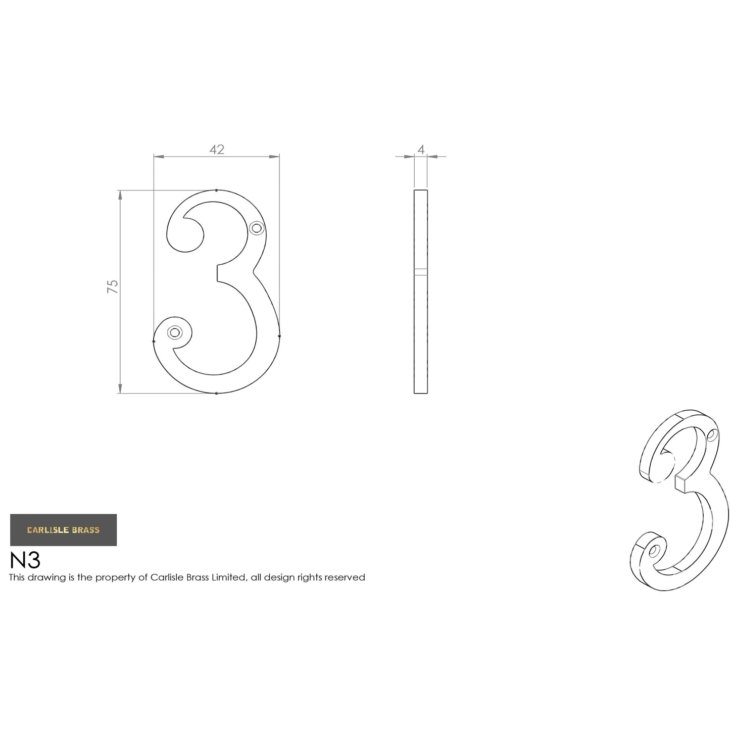 Carlisle Brass Numeral Face Fix (No.3) 76mm in a simple design, featuring a number three shape with dimensions of 75mm height and 42mm width, shown in side and front view sketches.