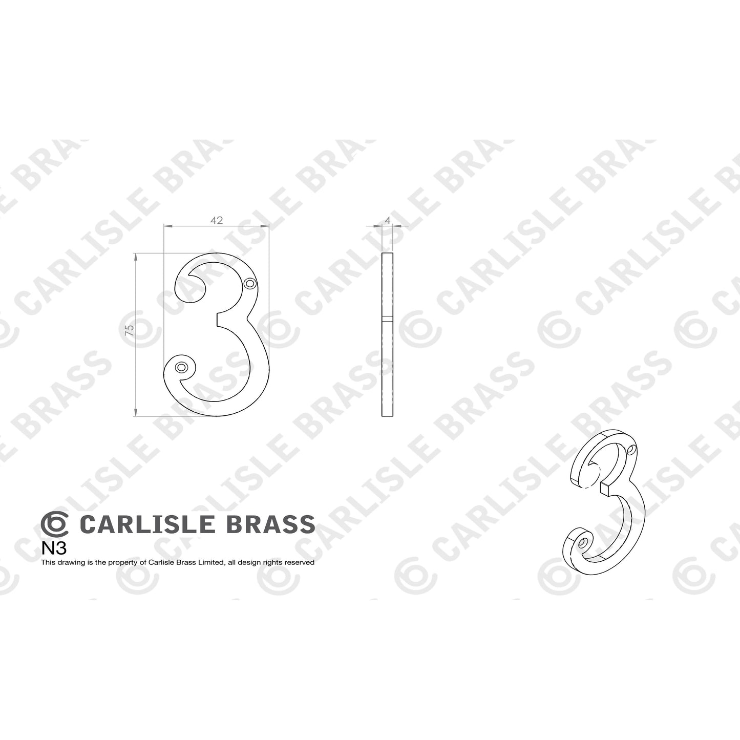 Carlisle Brass Numeral Face Fix (No.3) 76Mm is a metal number '3' with a decorative design, measuring 76mm in height and featuring a polished finish.