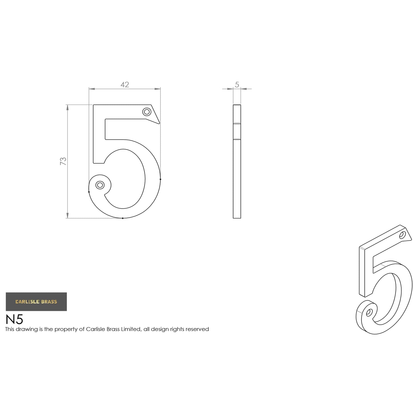 Carlisle Brass Numeral Face Fix (No.5) 76mm in a modern design, featuring a clearly defined number '5' with specific dimensions. The numeral is depicted from multiple angles, highlighting its shape and specifications.
