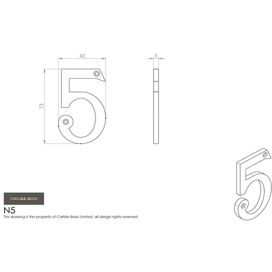 Carlisle Brass Numeral Face Fix (No.5) 76mm in a modern design, featuring a clearly defined number '5' with specific dimensions. The numeral is depicted from multiple angles, highlighting its shape and specifications.
