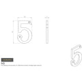 Carlisle Brass Numeral Face Fix (No.5) 76mm in a modern design, featuring a clearly defined number '5' with specific dimensions. The numeral is depicted from multiple angles, highlighting its shape and specifications.
