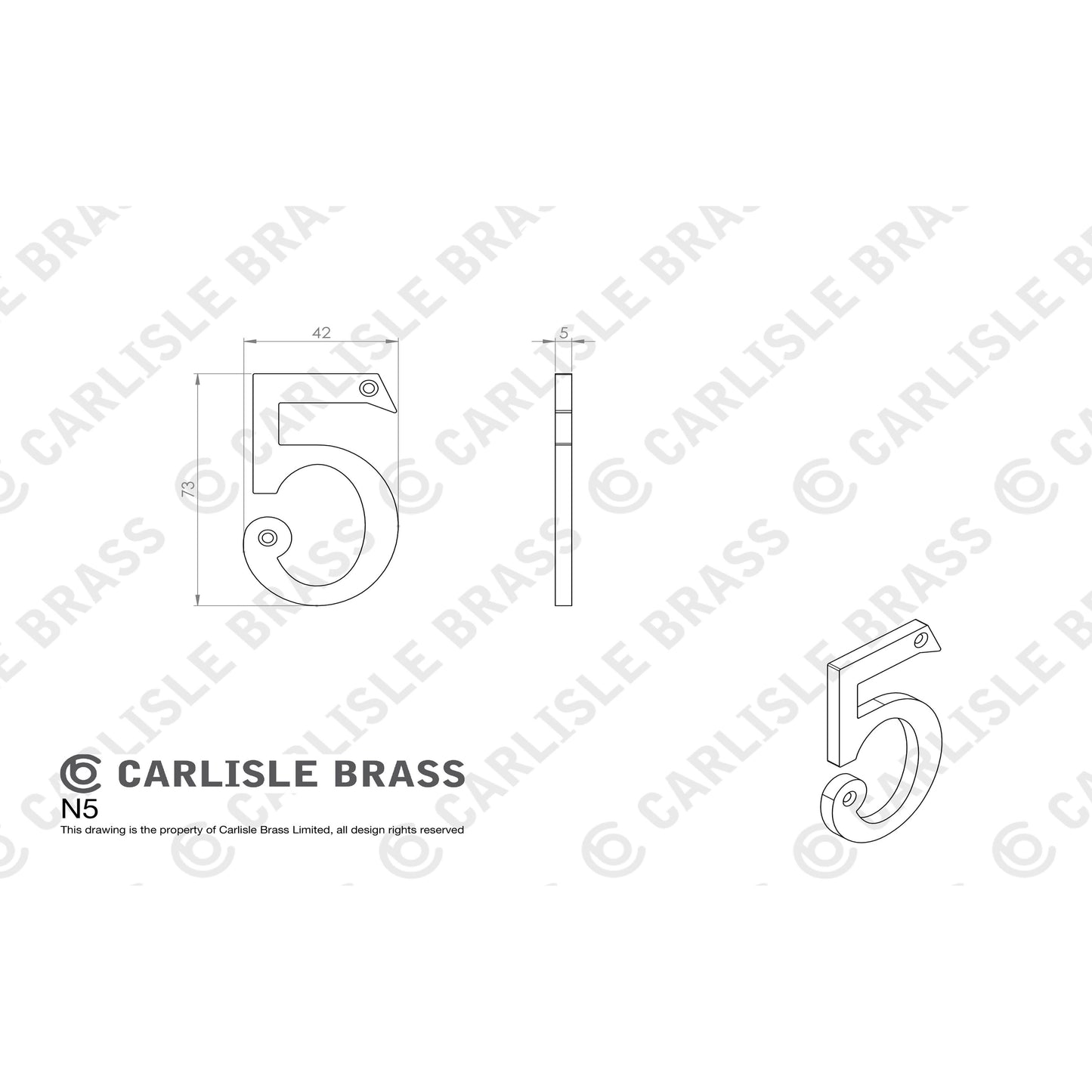 Carlisle Brass Numeral Face Fix (No.5) 76Mm in a minimalist design featuring a prominent number '5' with a decorative curve. This product is made from durable material, ideal for clear address display.