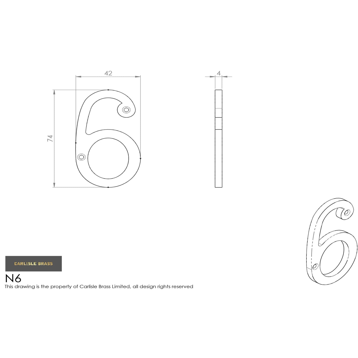 Carlisle Brass Numeral Face Fix (No 6 Or 9) measuring 76mm in height, featuring a clear, outlined design. The numeral is shown from multiple angles to display its shape and dimensions.