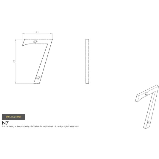 Carlisle Brass Numeral Face Fix (No.7) 76Mm in a stylized number 7 design, shown in outline with dimensions indicated. The numeral features a modern appearance suitable for house numbering or signage.