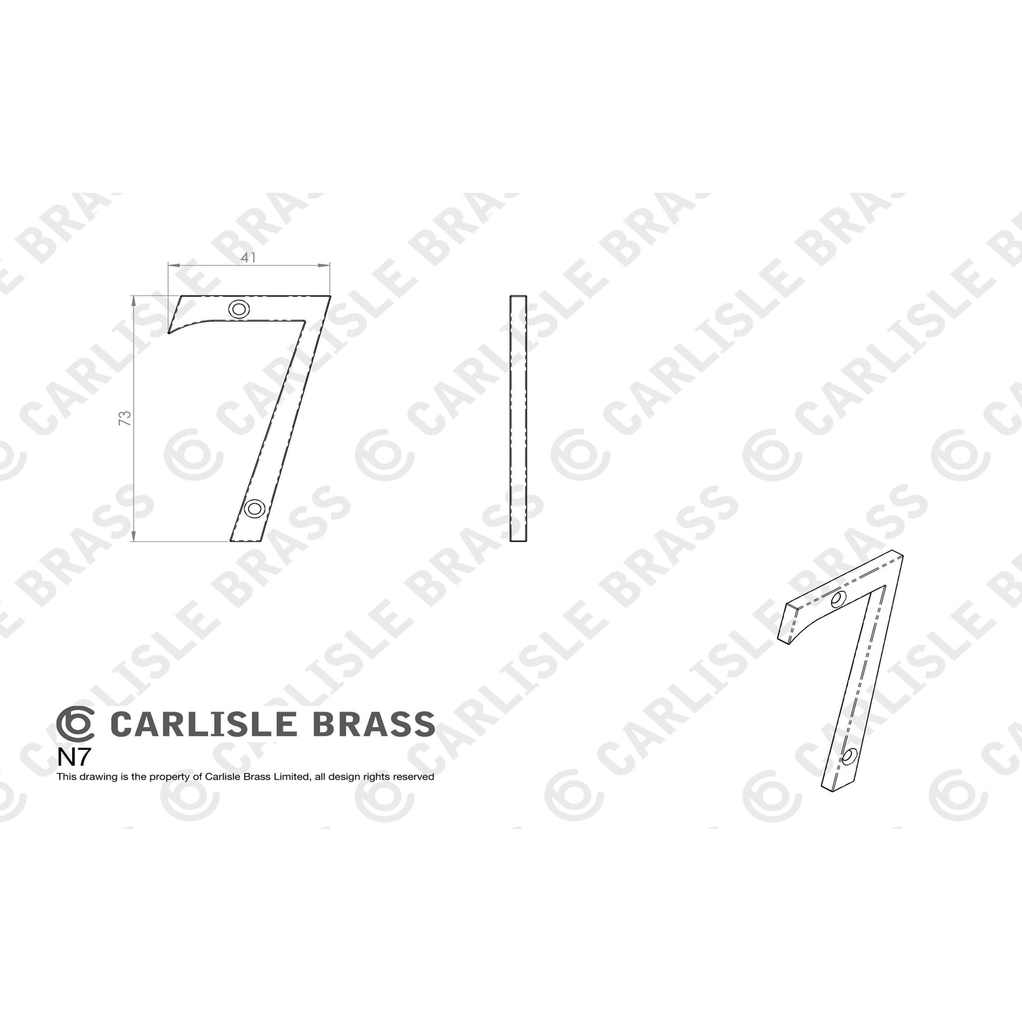 Carlisle Brass Numeral Face Fix (No.7) in a 76mm size, designed with a sleek numeral shape and mounting hole for easy installation, showcasing a simple and functional design.