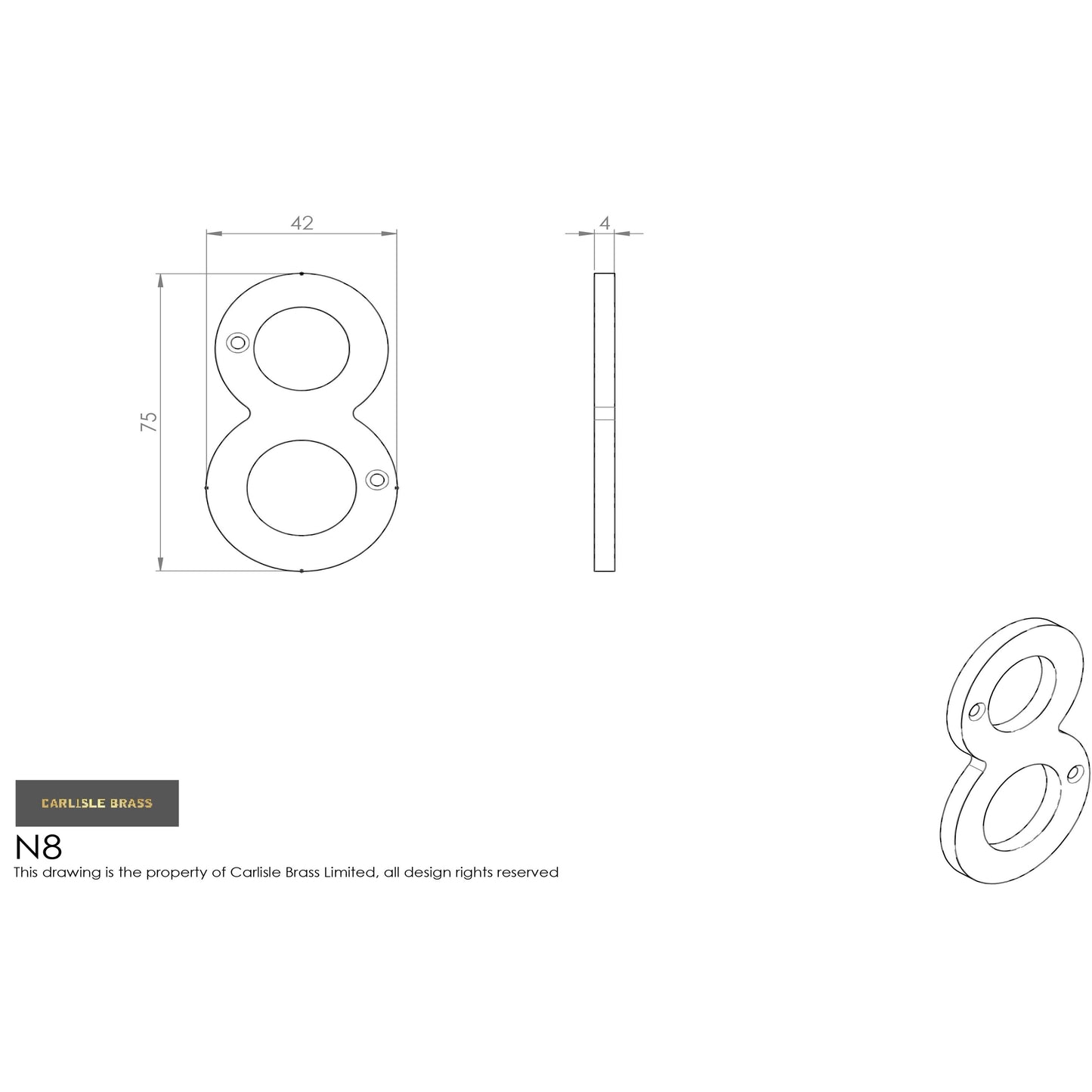 Carlisle Brass Numeral Face Fix (No.8) 76mm in a circular design, featuring two cut-out holes for mounting. The dimensions are 76mm height and 42mm width, made of durable material suitable for door signage.