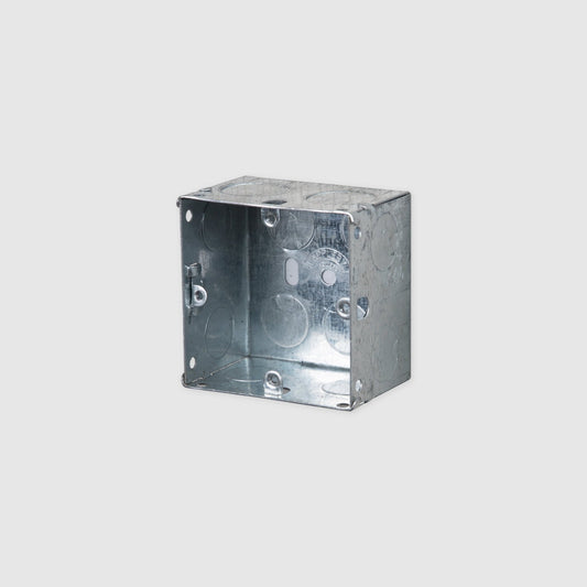 Love Handles UK Back Box in galvanized steel, featuring a square shape with pre-drilled holes for easy installation. The interior is empty, showcasing the smooth metal surface.